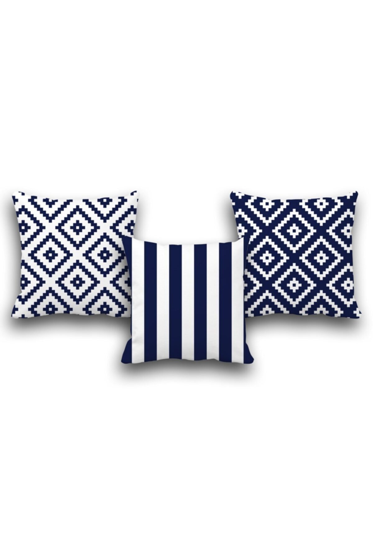 Çift Taraflı 3 Lü Set Lacivert Geometri Desen 43x43 Dijital Baskılı Kırlent Kılıfı