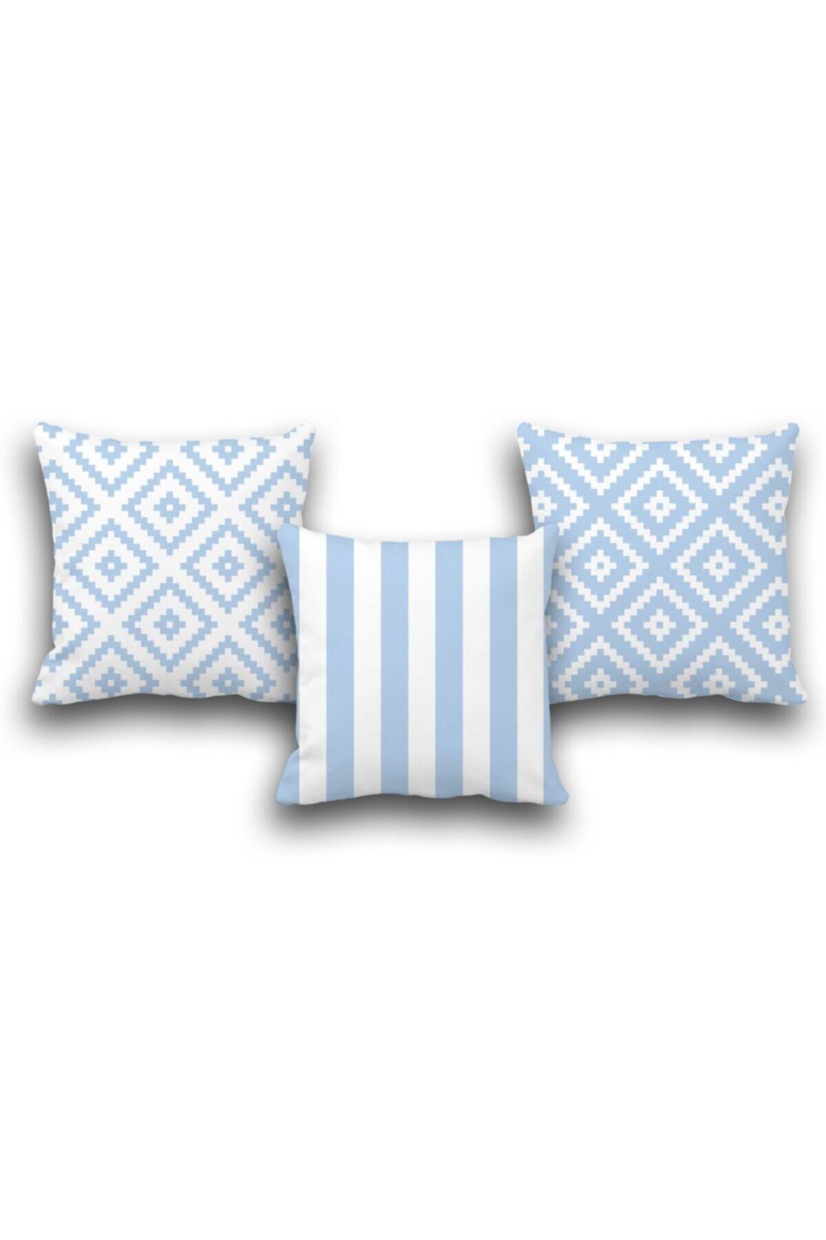 Çift Taraflı 3 Lü Set Mavi Geometri Desen Dijital Baskılı Kırlent Kılıfı