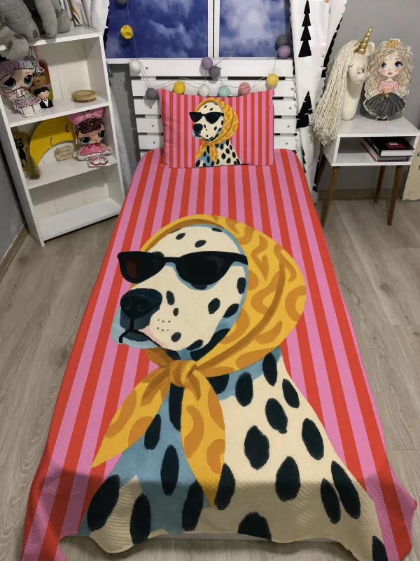 Benekli Köpek Tek Kişilik Pike ve Yastık Kılıfı