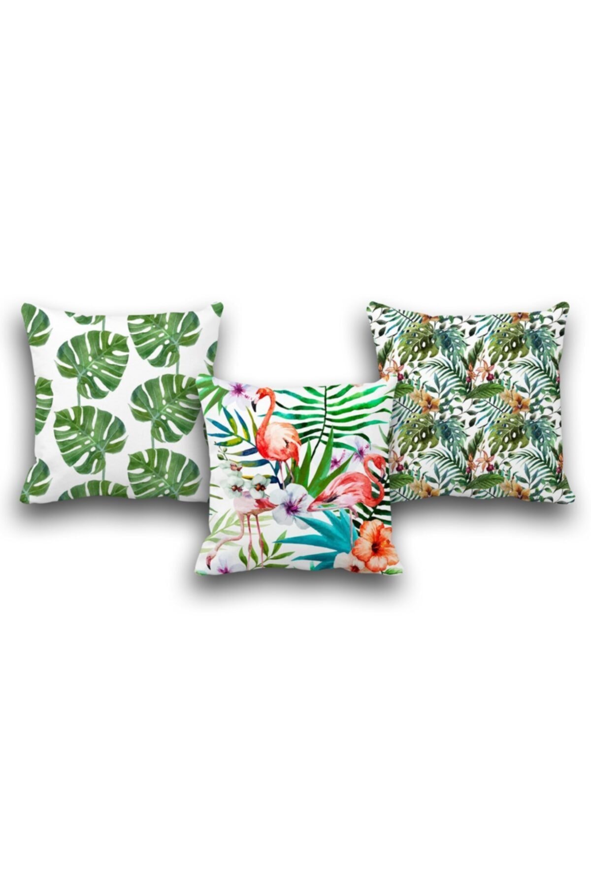 Çift Taraflı 3 Lü Set Tropikal Yaprak Ve Flamingo Dijital Baskılı Kırlent Kılıfı 50x50