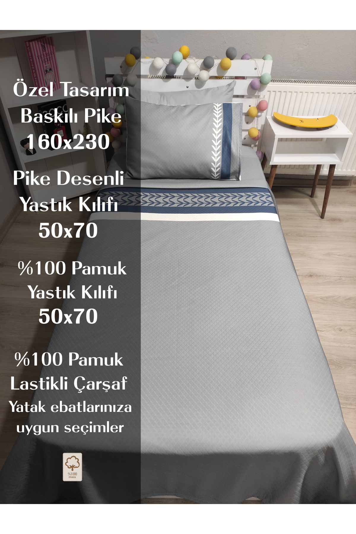 4 parça DEFNE BORDÜRLÜ (%100 pamuk 120X200 lastikli çarşaflı)Tek Kişilik Pike yatak örtüsü takımı