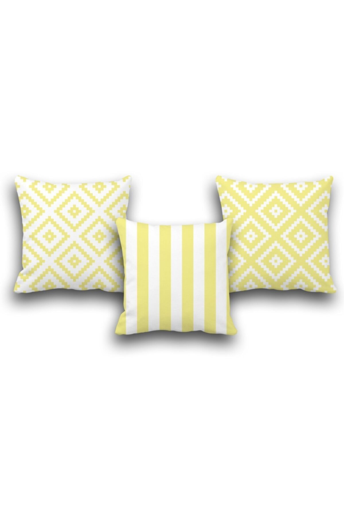 Çift Taraflı 3 Lü Set Sarı Geometri Desen Dijital Baskılı Kırlent Kılıfı