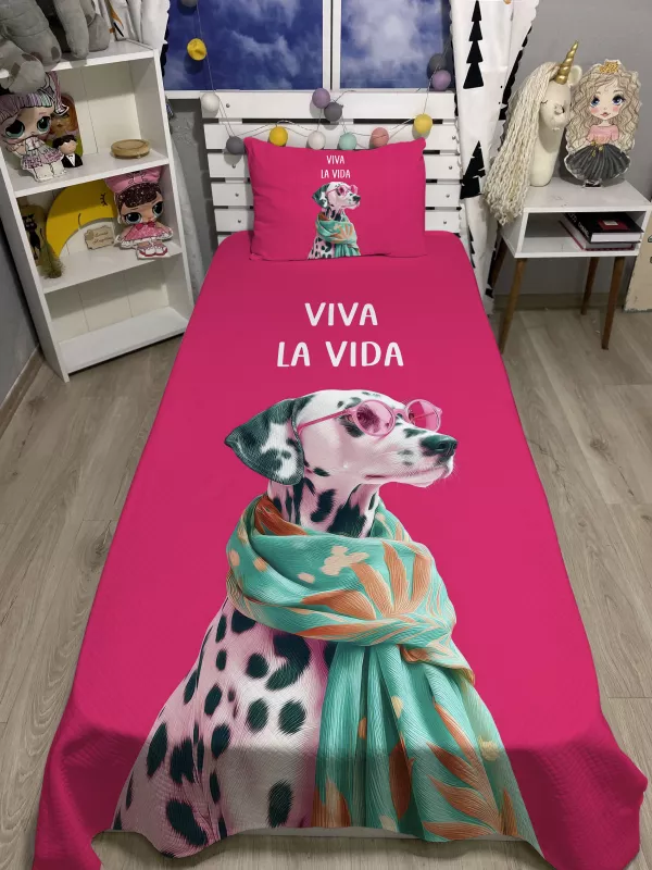 Pembe Gözlüklü Köpek Tek Kişilik Pike ve Yastık Kılıfı