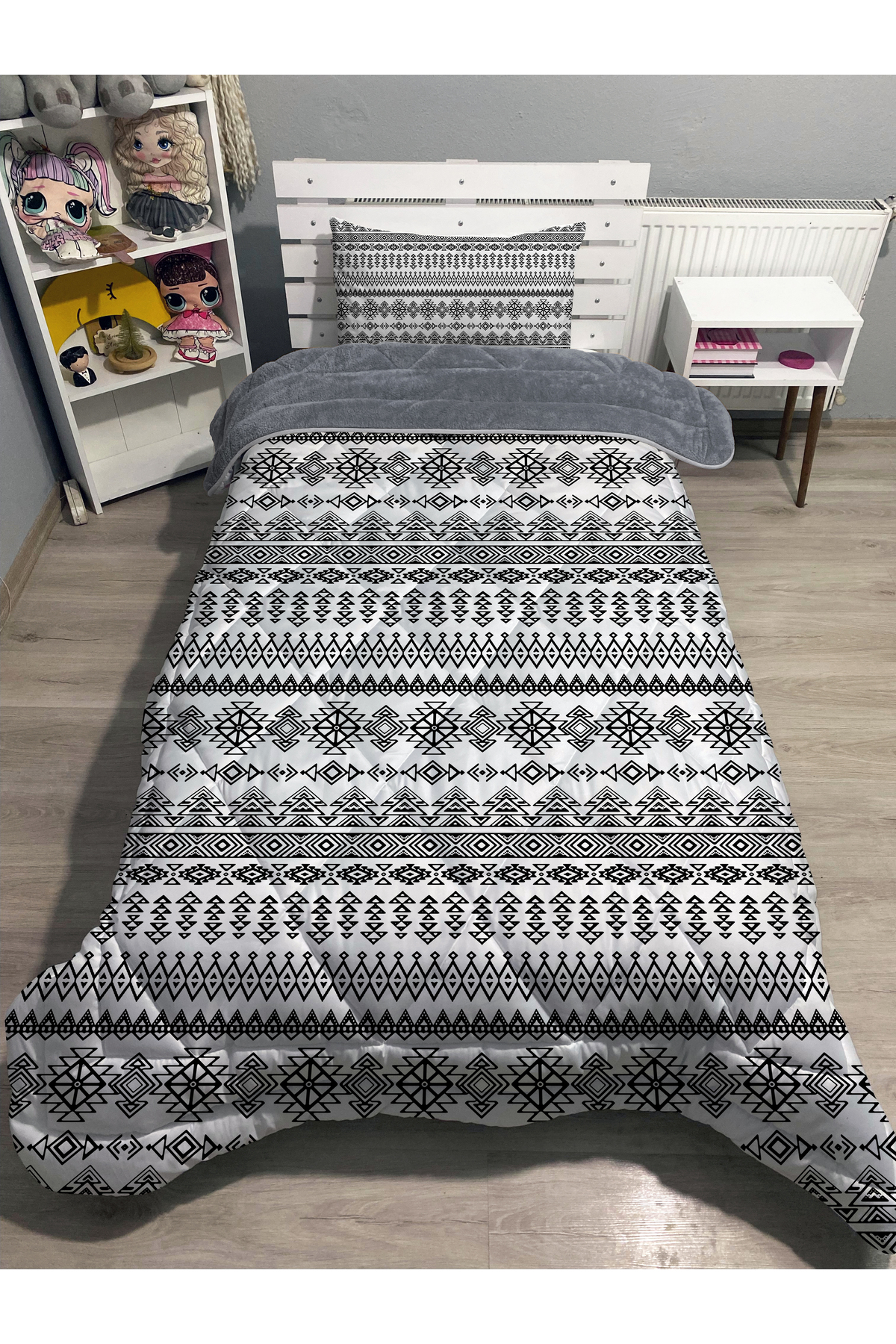 Welsoft Pofuduk Çift Taraflı GEOMETRİK Desenli Tek Kişilik Yorgan Uyku Seti