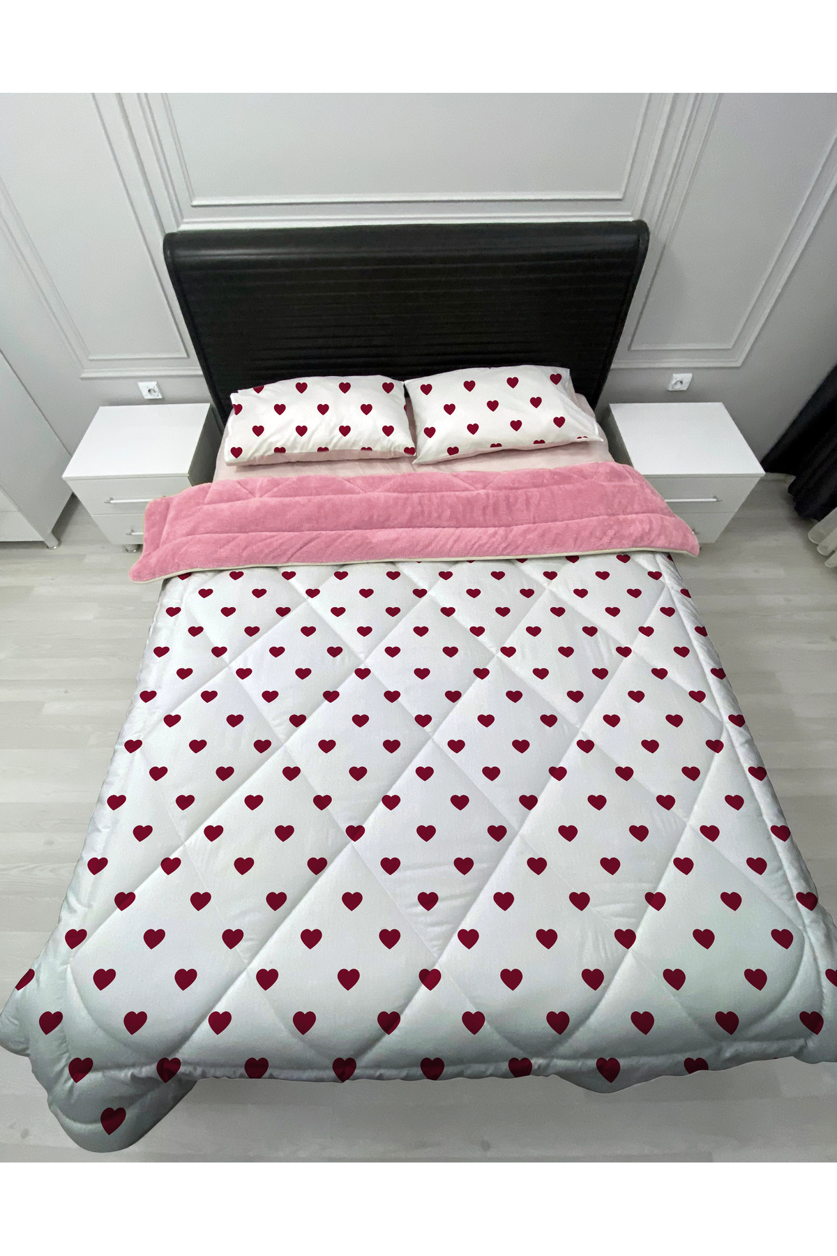 Welsoft Pofuduk Çift Taraflı Kalpli Desenli Çift Kişilik Yorgan Uyku Seti