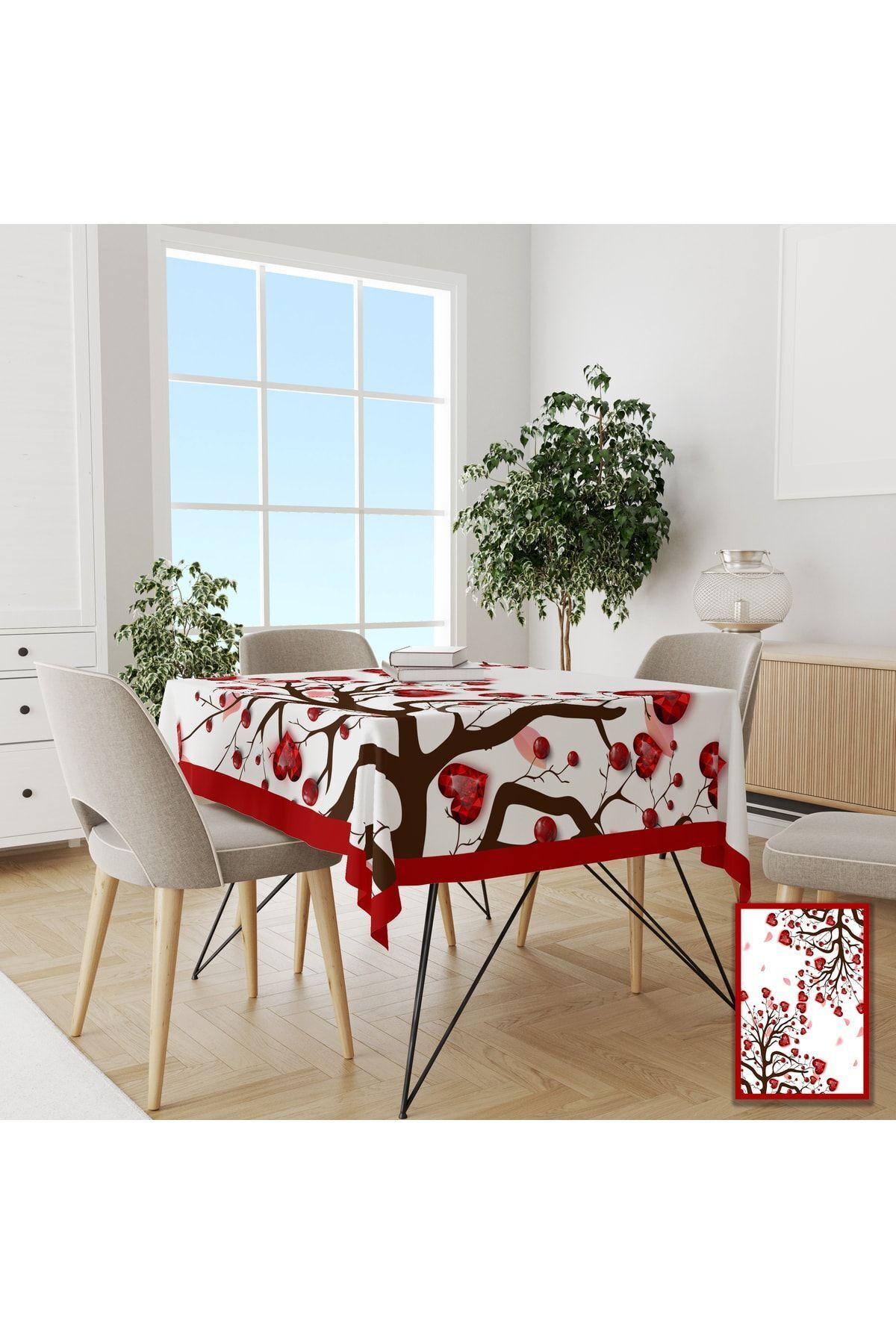 Sevgililer Günü Temalı Kalpli Ağaç Desenli Masa Örtüsü