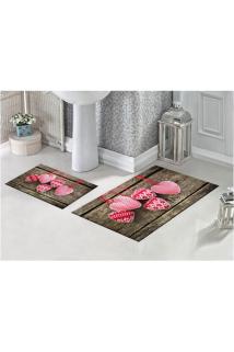Ahşap Zemin Ve Kumaş Kalpler 3d Desenli Dijital Baskılı Banyo Paspası