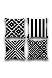 Çift Taraflı Siyah Geometri Desenli 4 Lü Set Dijital Baskılı Kırlent Kılıfı