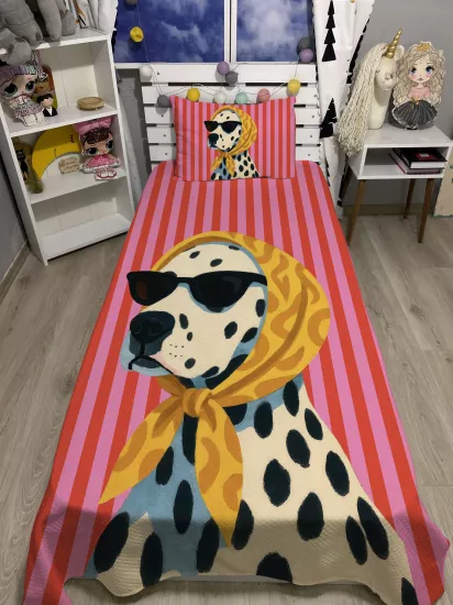 Benekli Köpek Tek Kişilik Pike ve Yastık Kılıfı