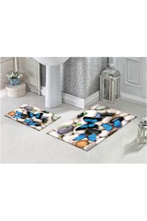 Çakıl Taşları Ve Mavi Kelebekler 3d Desenli Dijital Baskılı Banyo Paspası