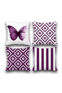 Çift Taraflı Mor Geometrik 4 Lü Set Desenli Dijital Baskılı Kırlent Kılıfı
