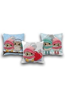 Çift Taraflı 3 Lü Set Sevimli Baykuşlar-1 Dijital Baskılı Kırlent Kılıfı