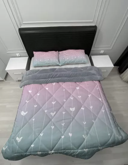 Welsoft Pofuduk Çift Taraflı  DEGRADE KALP Desenli Çift Kişilik Yorgan Uyku Seti