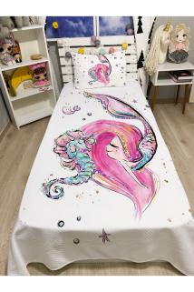 Pembe Saçlı Denizkızı Tek Kişilik Pike ve Yastık Kılıfı