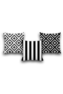 Çift Taraflı 3 Lü Set Siyah Geometri Desen Dijital Baskılı Kırlent Kılıfı