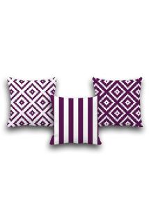 Çift Taraflı 3 Lü Set Mor Geometri Desen Dijital Baskılı Kırlent Kılıfı