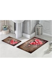 Ahşap Zeminde Çiçek Kalp 3d Desenli Dijital Baskılı Banyo Paspası