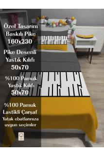 4 parça HARDAL PİYANO (%100 pamuk 120X200 lastikli çarşaflı) Tek Kişilik Pike yatak örtüsü takımı