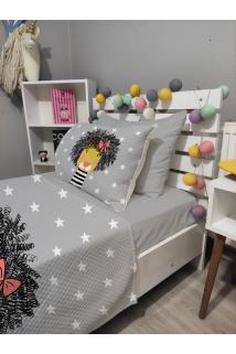 4 Parça SEVİMLİ ASLAN Desenli Lastikli Çarşaflı Tek Kişilik PİKE Yatak Örtüsü Takımı