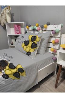 4 Parça BALONLU KIZ Desenli Lastikli Çarşaflı Tek Kişilik PİKE Yatak Örtüsü Takımı