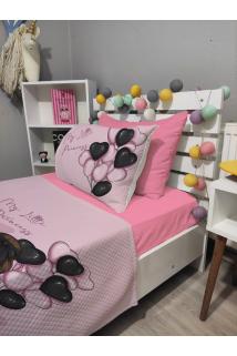 4 Parça BALONLU KIZ Desenli Lastikli Çarşaflı Tek Kişilik PİKE Yatak Örtüsü Takımı