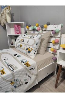 4 Parça KEPÇE İŞ MAKİNALARI Desenli Lastikli Çarşaflı Tek Kişilik PİKE Yatak Örtüsü Takımı
