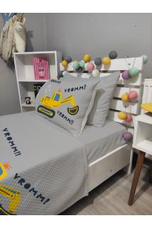 4 Parça KEPÇE İŞ MAKİNALARI Desenli Lastikli Çarşaflı Tek Kişilik PİKE Yatak Örtüsü Takımı