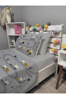 4 Parça KEPÇE İŞ MAKİNALARI Desenli Lastikli Çarşaflı Tek Kişilik PİKE Yatak Örtüsü Takımı