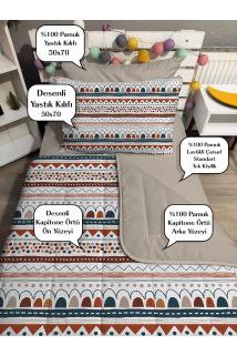 KAPİTONE Etnik Desenli 4Parça(%100PAMUK 120X200 lastikli çarşaflı) Tek kişilik yatak örtüsü takımı