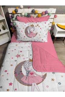 Kapitone Beyaz Ay Ve Kız 4parça(%100PAMUK 100X200 LASTİKLİ ÇARŞAFLI)tek Kişilik Yatak Örtüsü Takımı