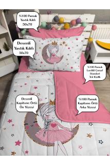 Kapitone Beyaz Ay Ve Kız 4parça(%100PAMUK 100X200 LASTİKLİ ÇARŞAFLI)tek Kişilik Yatak Örtüsü Takımı