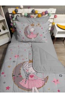 Kapitone Gri Ay Ve Kız 4parça(%100PAMUK 100X200 LASTİKLİ ÇARŞAFLI)tek Kişilik Yatak Örtüsü Takımı