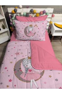 Kapitone Pembe Ay Ve Kız 4parça(%100PAMUK 100X200 LASTİKLİ ÇARŞAFLI)tek Kişilik Yatak Örtüsü Takımı