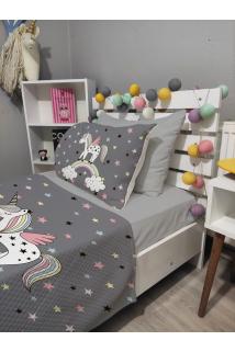 4 Parça UNİCORN Desenli Lastikli Çarşaflı Tek Kişilik PİKE Yatak Örtüsü Takımı