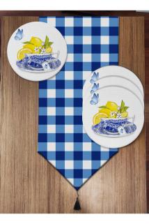 Mavi Ekose Ve Limon Desenli 6'lı Supla Ve Runner Set
