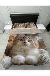 Welsoft Pofuduk Çift Taraflı SEVİMLİ KEDİ Desenli Çift Kişilik Yorgan Uyku Seti