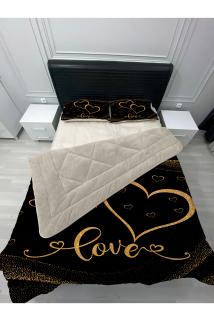 Welsoft Pofuduk Çift Taraflı LOVE KALPLİ Desenli Çift Kişilik Yorgan Uyku Seti
