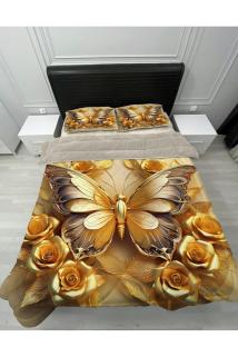 Welsoft Pofuduk Çift Taraflı GOLD KELEBEK Desenli Çift Kişilik Yorgan Uyku Seti