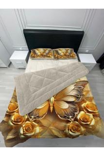 Welsoft Pofuduk Çift Taraflı GOLD KELEBEK Desenli Çift Kişilik Yorgan Uyku Seti