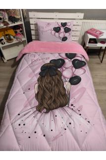 Welsoft Pofuduk Çift Taraflı BOLONLU KIZ Desenli Tek Kişilik Yorgan Uyku Seti