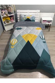 Welsoft Pofuduk Çift Taraflı DAĞLAR VE BALONLAR Desenli Tek Kişilik Yorgan Uyku Seti