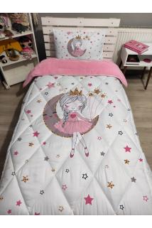 Welsoft Pofuduk Çift Taraflı BEYAZ AYDA OTURAN KIZ Desenli Tek Kişilik Yorgan Uyku Seti