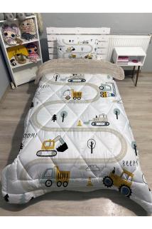 Welsoft Pofuduk Çift Taraflı KEPÇE İŞ MAKİNALARI Desenli Tek Kişilik Yorgan Uyku Seti