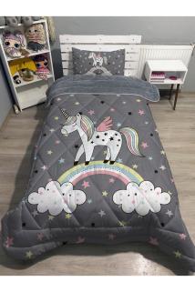 Welsoft Pofuduk Çift Taraflı ÜNİCORN Desenli Tek Kişilik Yorgan Uyku Seti