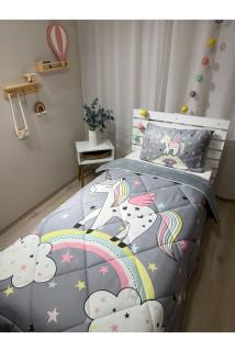 Welsoft Pofuduk Çift Taraflı ÜNİCORN Desenli Tek Kişilik Yorgan Uyku Seti