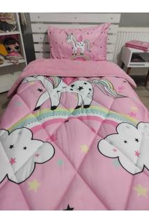 Welsoft Pofuduk Çift Taraflı PEMBE  ÜNİCORN Desenli Tek Kişilik Yorgan Uyku Seti