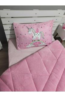 Welsoft Pofuduk Çift Taraflı PEMBE  ÜNİCORN Desenli Tek Kişilik Yorgan Uyku Seti
