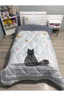 Welsoft Pofuduk Çift TaraflıKEDİ VE YILDIZLAR Desenli Tek Kişilik Yorgan Uyku Seti