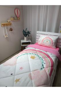 Welsoft Pofuduk Çift Taraflı GÖKKUŞAĞI Desenli Tek Kişilik Yorgan Uyku Seti