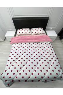 Welsoft Pofuduk Çift Taraflı Kalpli Desenli Çift Kişilik Yorgan Uyku Seti